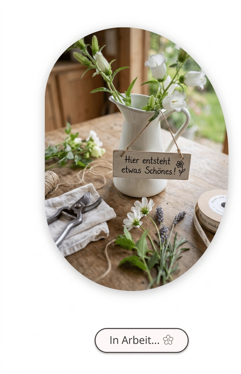 in arbeit zeigt ein Bild mit einem Tisch auf dem ein Blumenstrauß steht und ein Schild fest gemacht ist, mit dem Hinweis "hier entsteht etwas schönes"