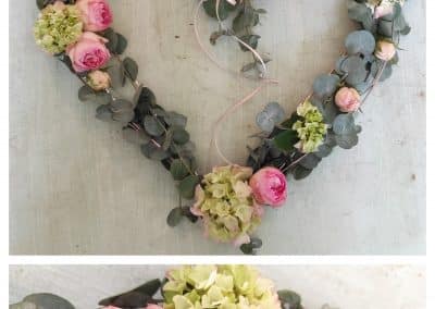 Herz mit rosa Rosen, Hortensien, eukalyptus für Hochzeit
